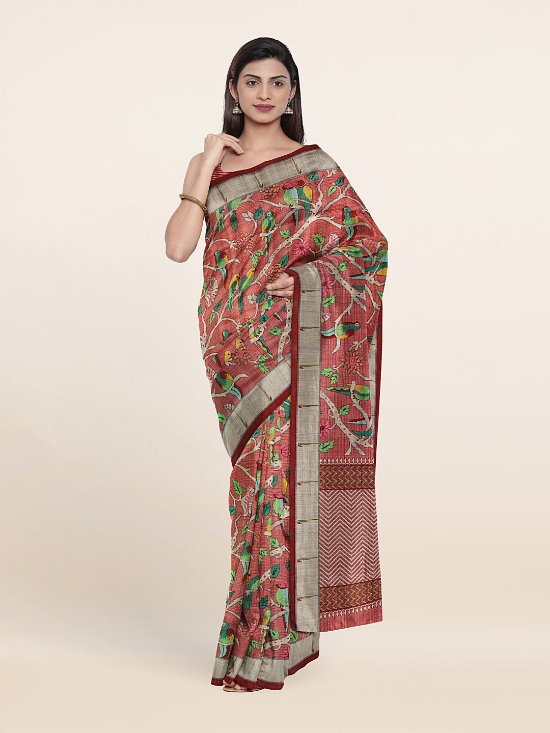 

Pothys Pink & Green Floral Jute Silk Saree