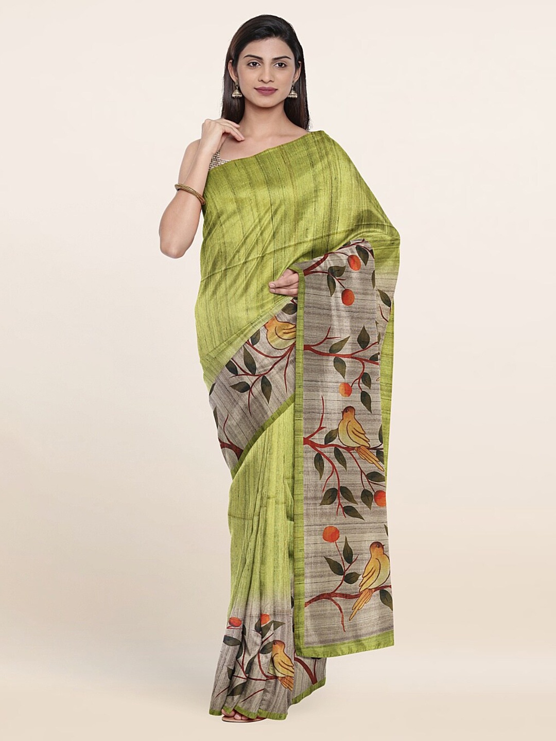 

Pothys Green & Grey Floral Jute Silk Saree