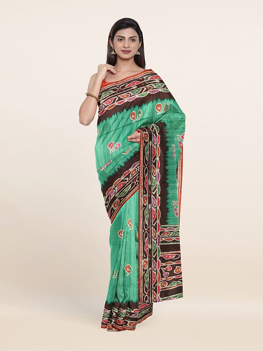

Pothys Green & Red Floral Jute Silk Saree