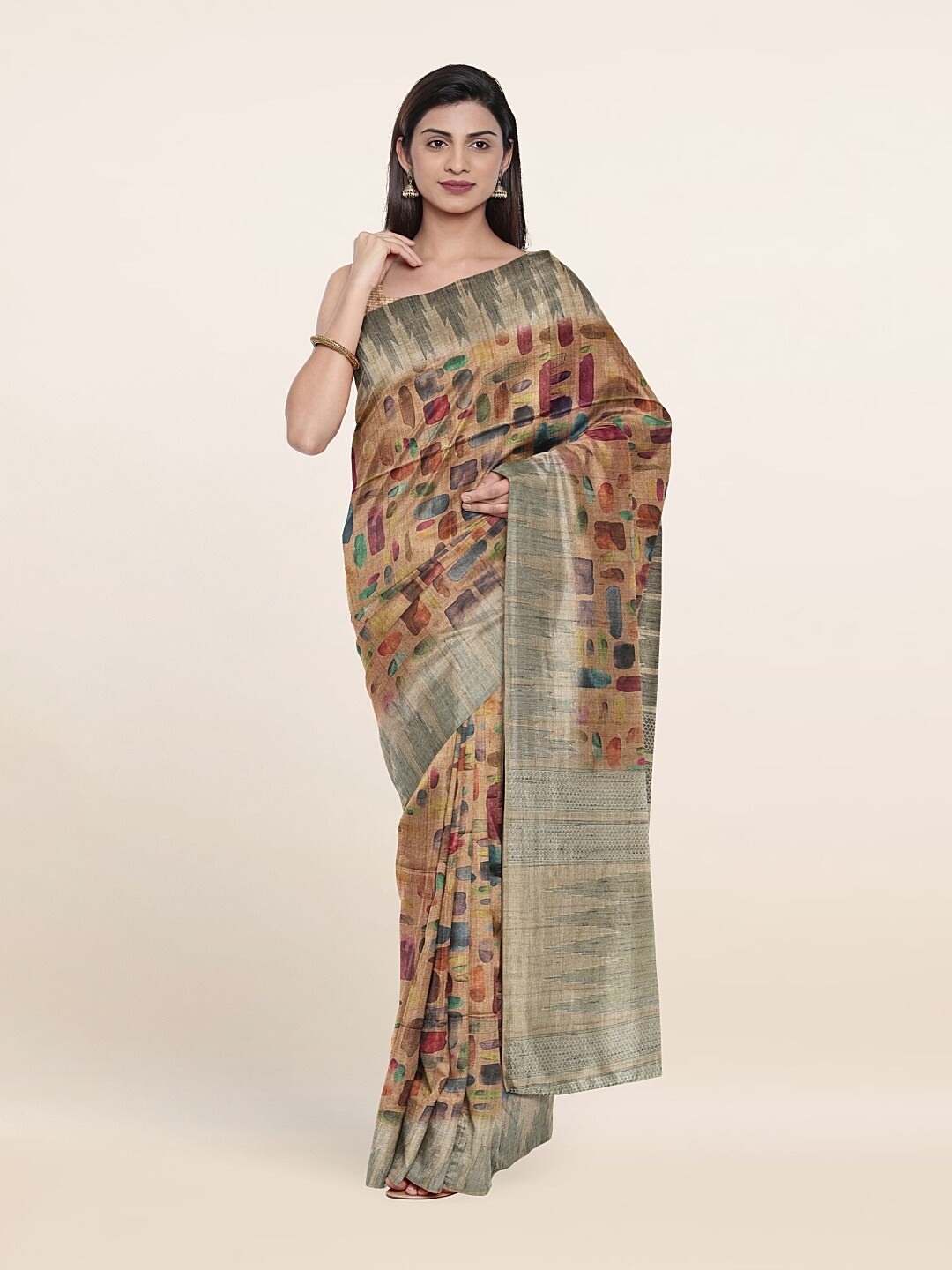 

Pothys Peach-Coloured & Blue Jute Silk Saree