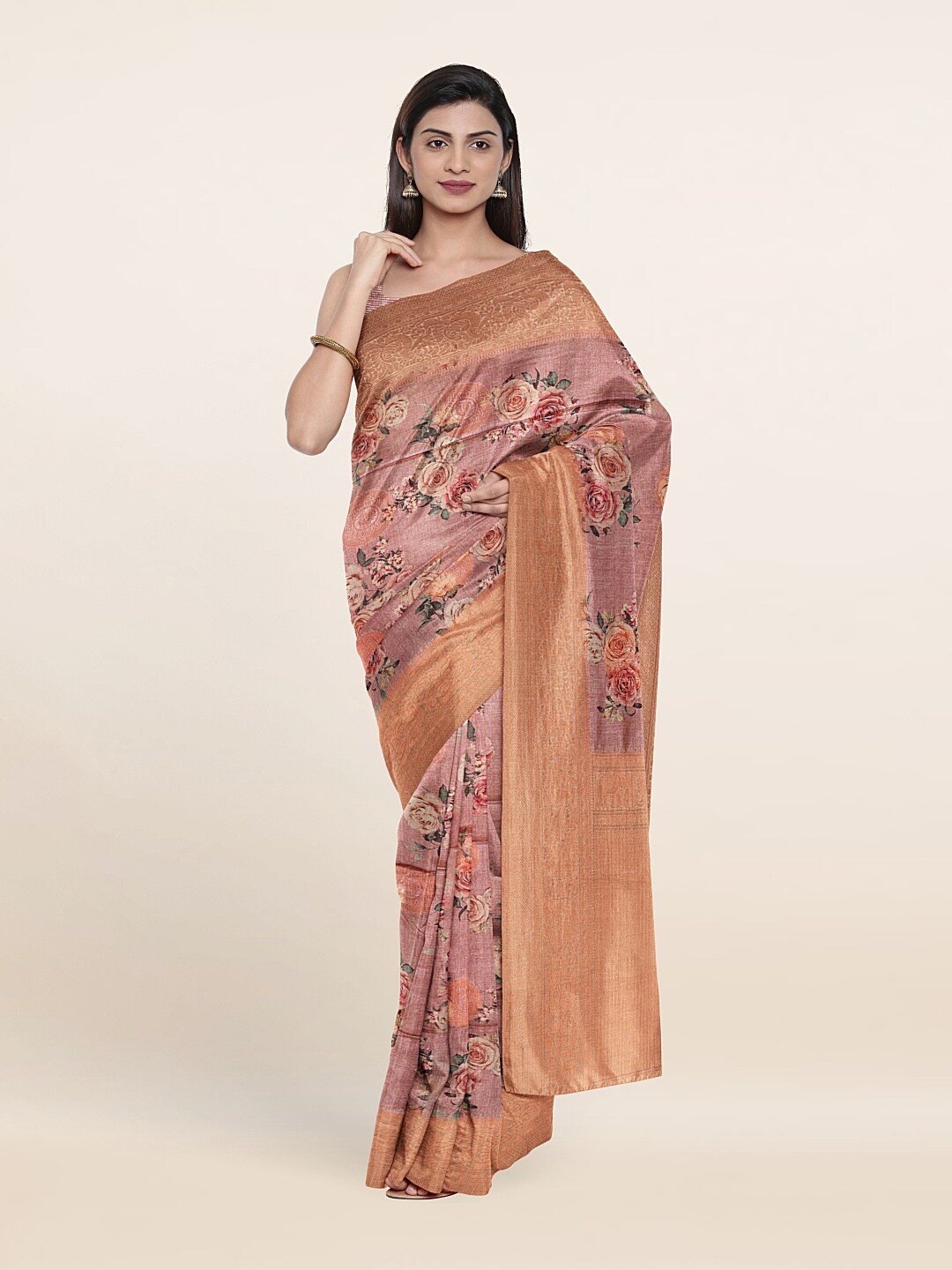 

Pothys Pink & Green Floral Jute Silk Saree