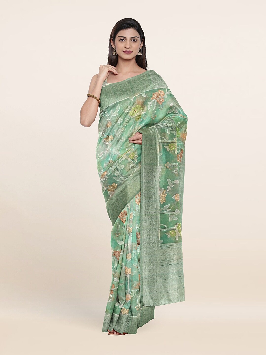 

Pothys Green & Silver-Toned Woven Design Zari Tissue Saree