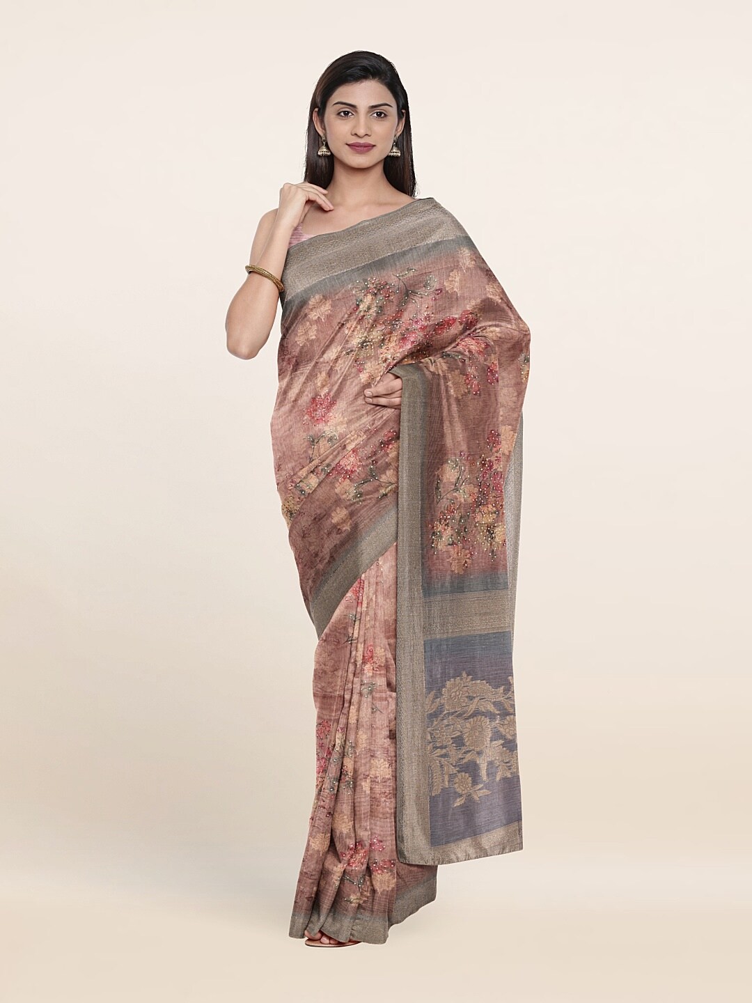 

Pothys Pink & Grey Woven Design Zari Tissue Saree