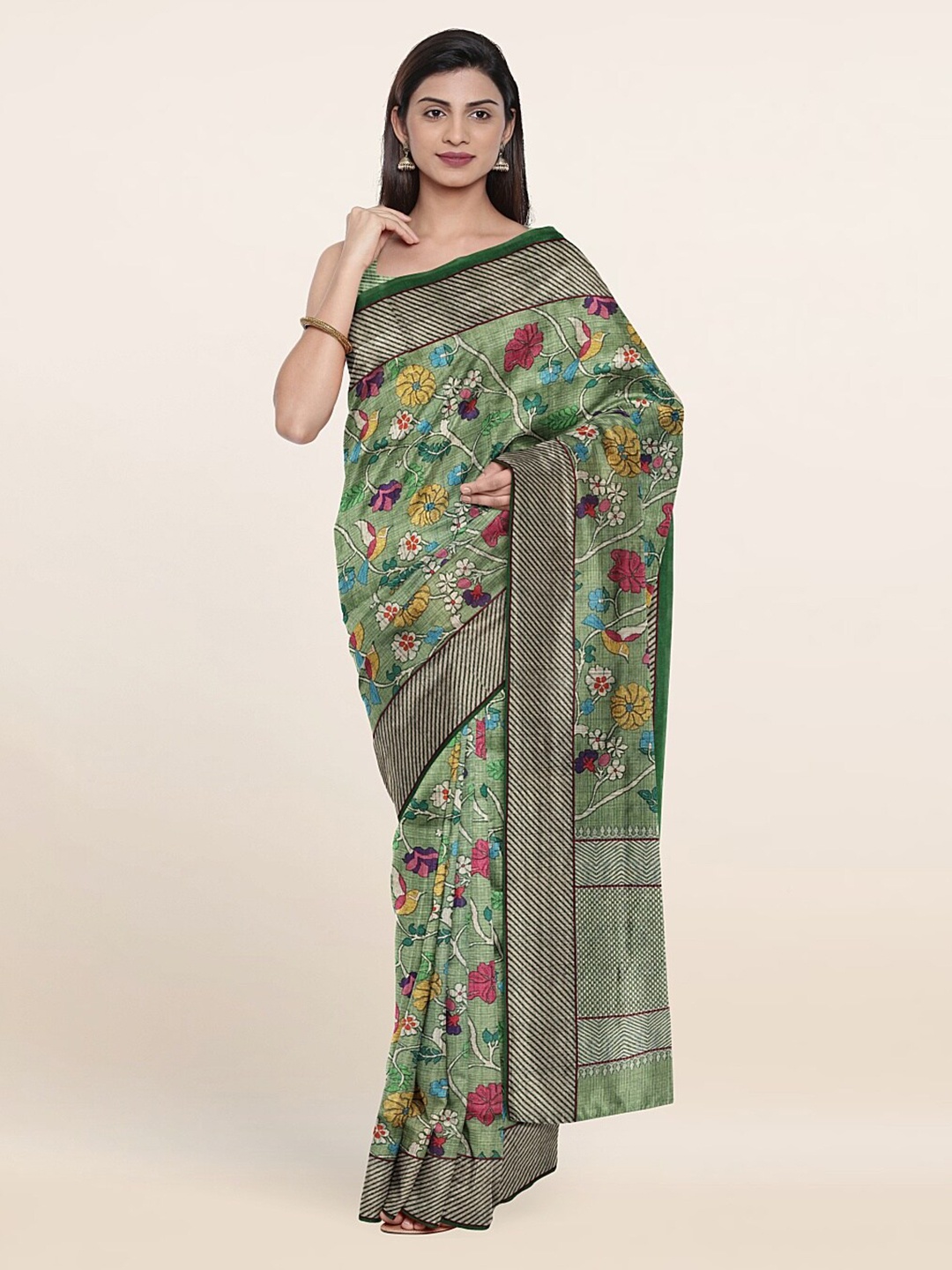 

Pothys Green & Red Floral Jute Silk Saree