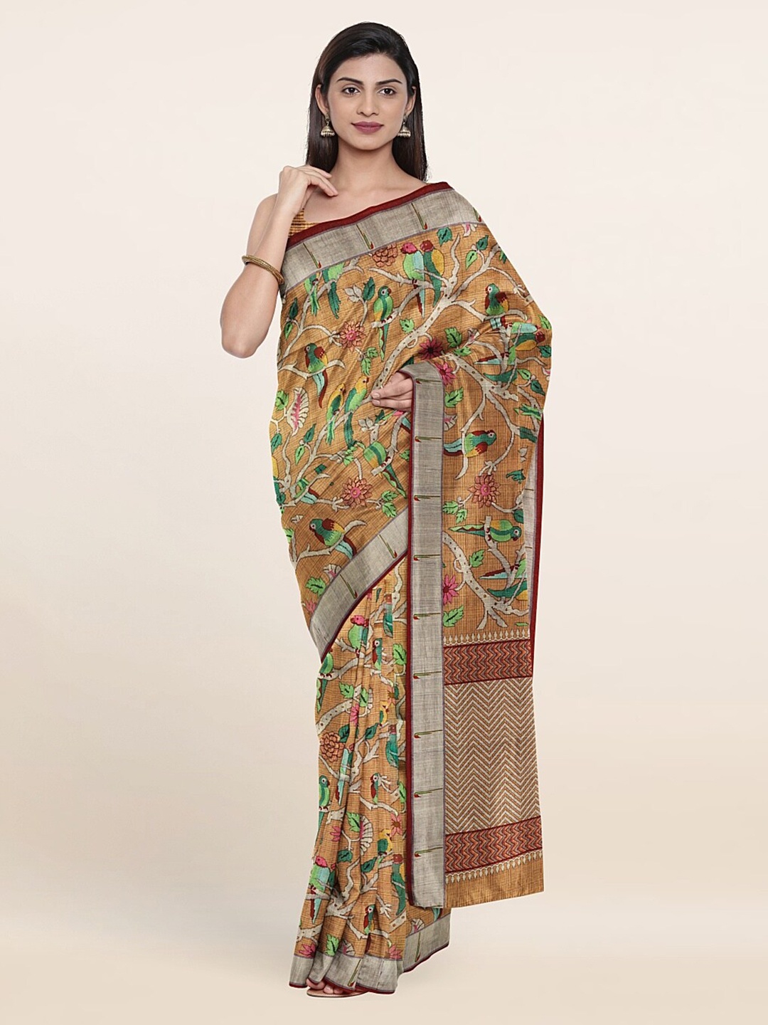 

Pothys Mustard & Green Ethnic Motifs Jute Silk Saree