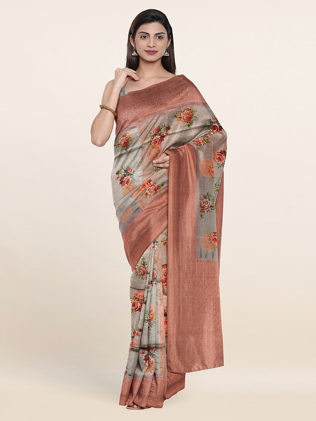 

Pothys Grey & Copper-Toned Floral Zari Jute Silk Saree