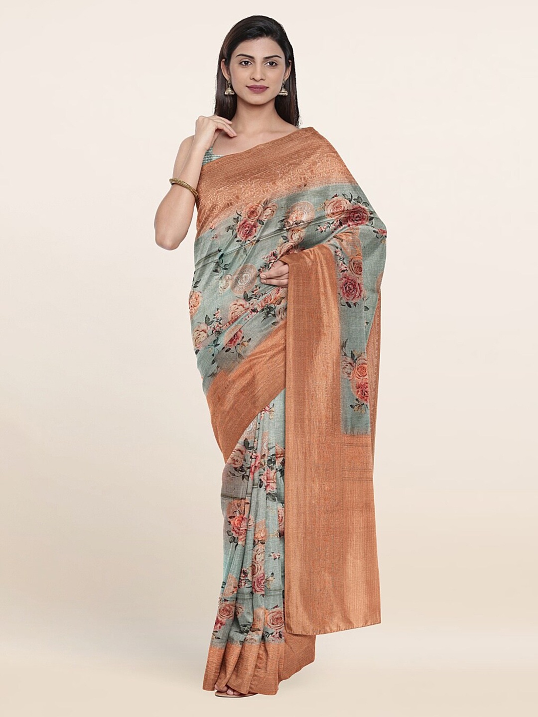 

Pothys Blue & Green Woven Design Zari Jute Silk Saree