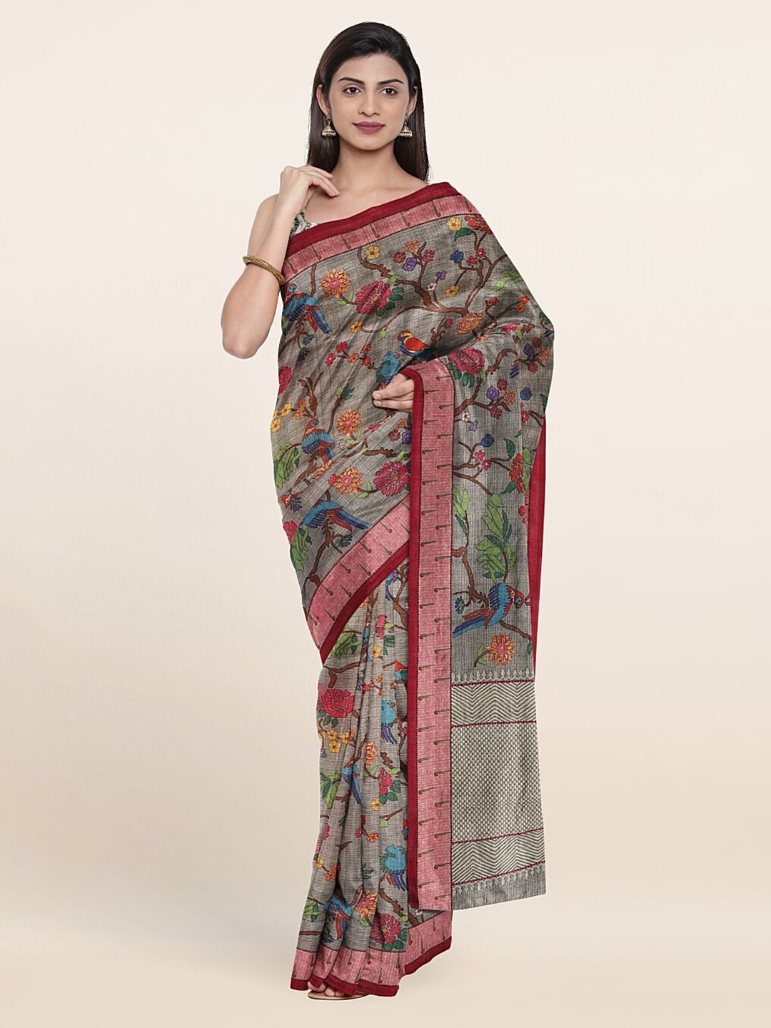 

Pothys Grey & Green Ethnic Motifs Jute Silk Saree