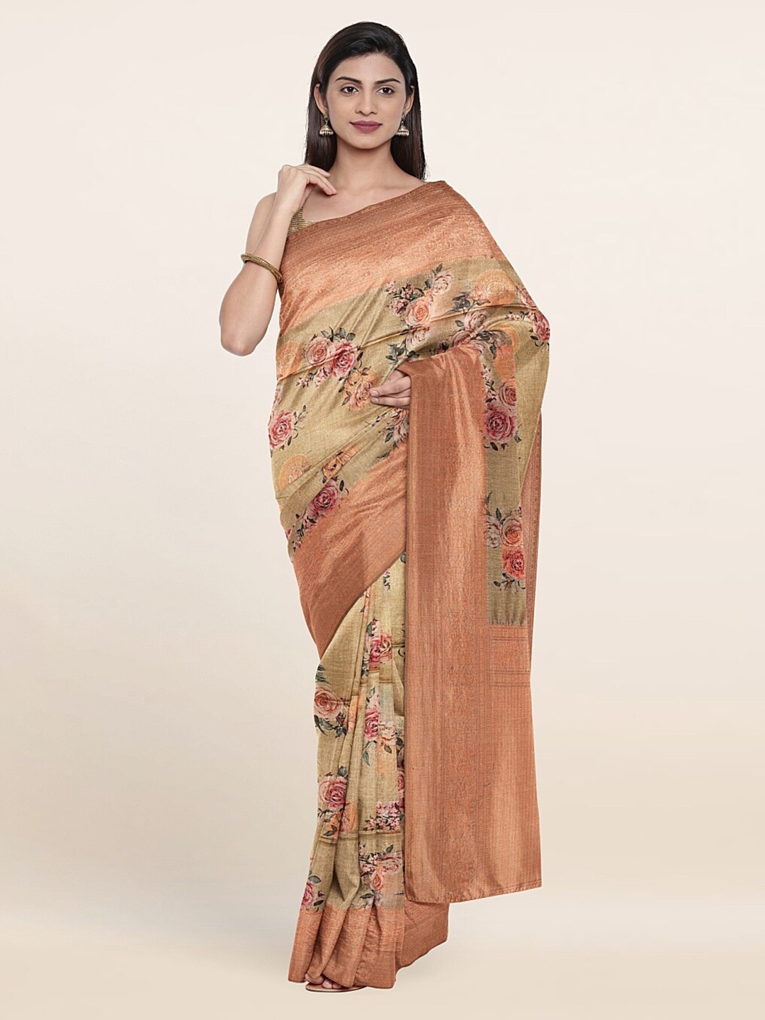 

Pothys Green & Rose Gold Floral Zari Jute Silk Saree