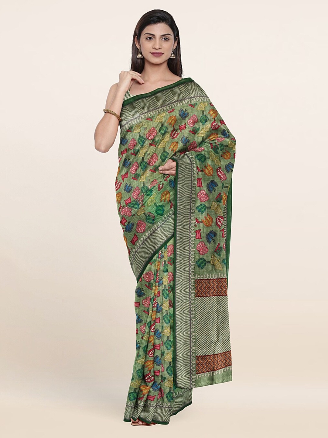 

Pothys Green & Pink Floral Jute Silk Saree