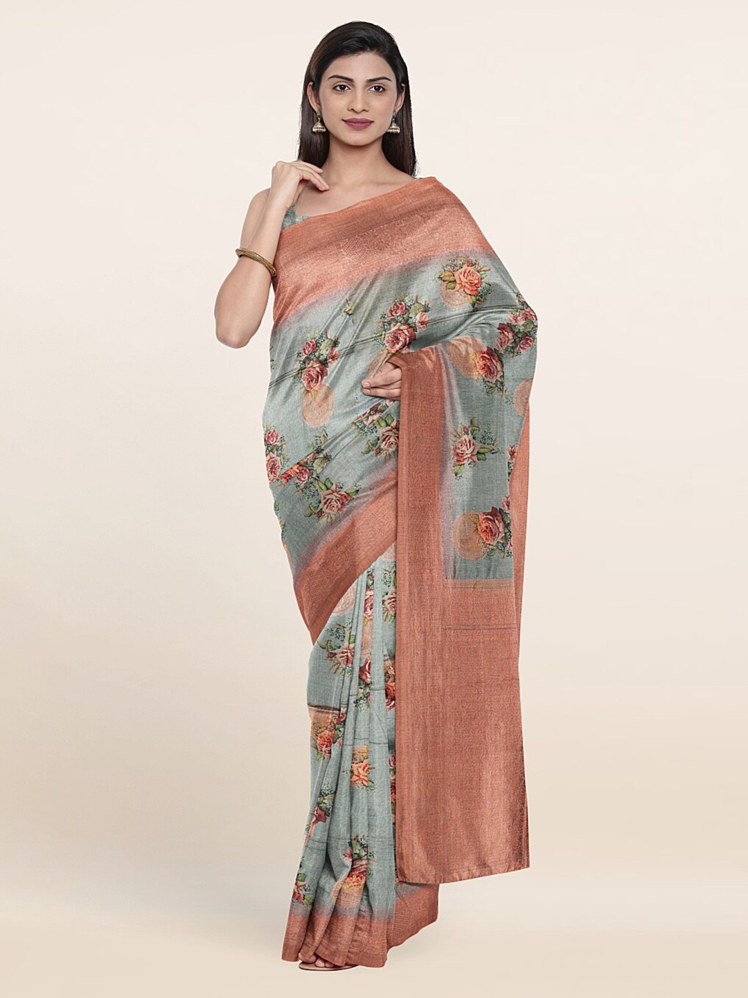 

Pothys Blue & Copper-Toned Floral Zari Jute Silk Saree