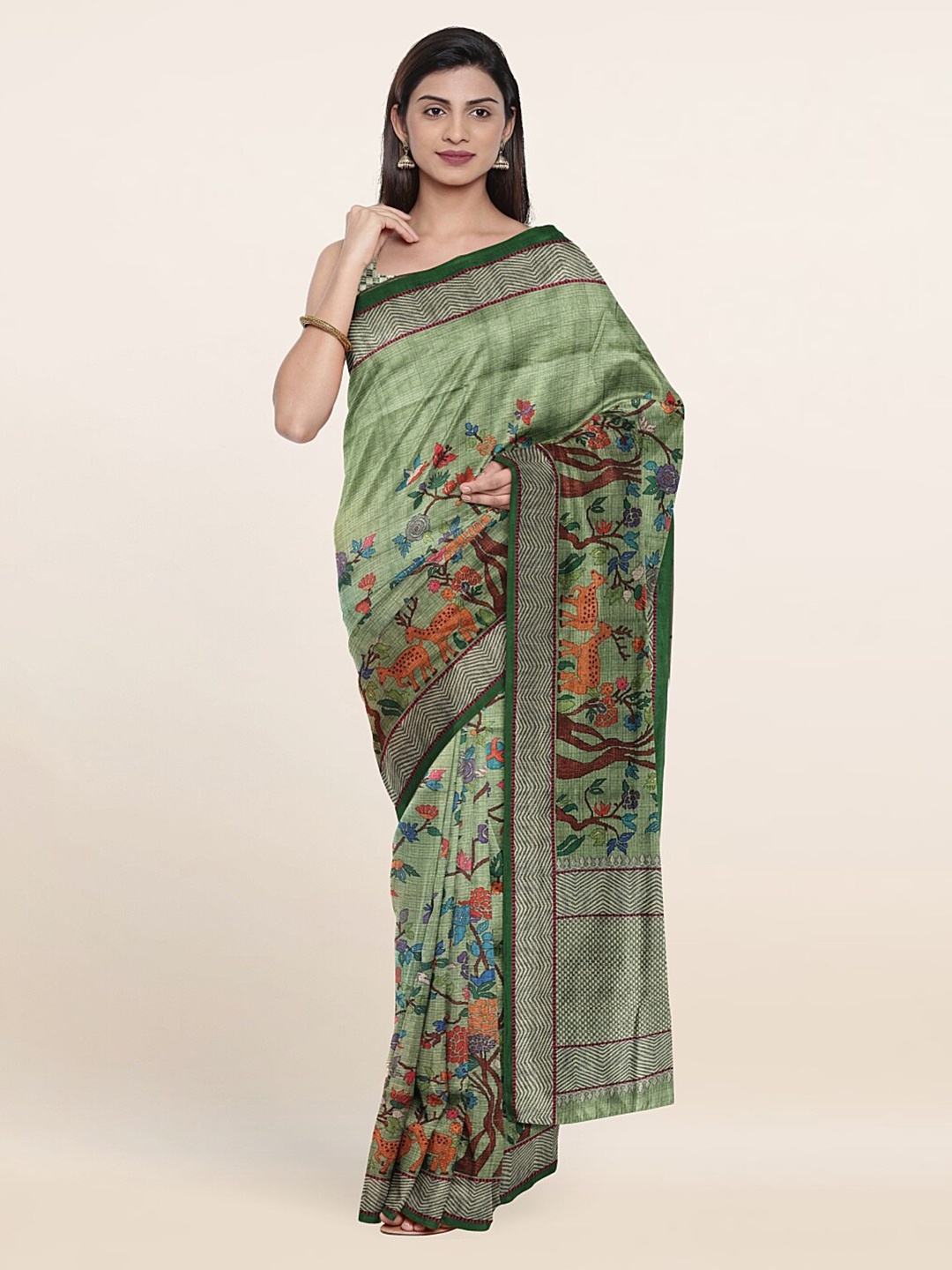 

Pothys Green & Orange Floral Jute Silk Saree