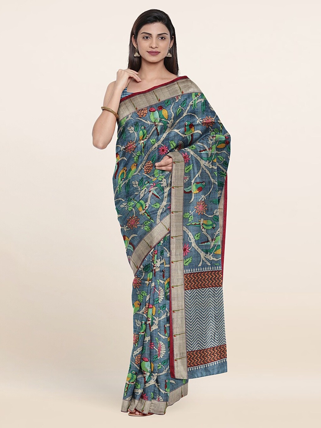 

Pothys Blue & Green Floral Jute Silk Saree