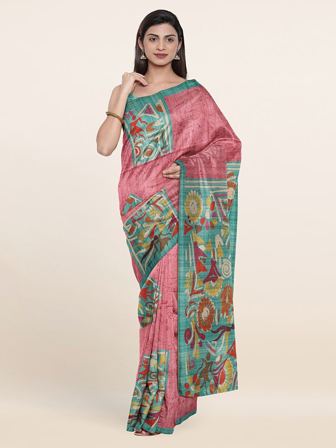 

Pothys Pink & Blue Jute Silk Saree