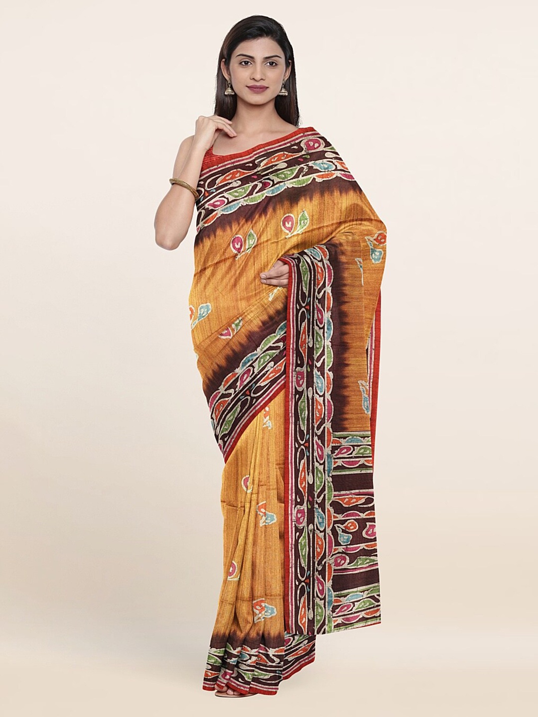 

Pothys Mustard & White Floral Jute Silk Saree