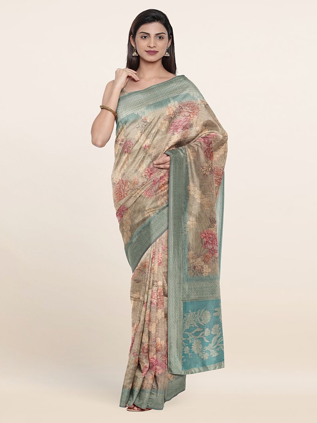 

Pothys Tan & Blue Floral Zari Tissue Saree