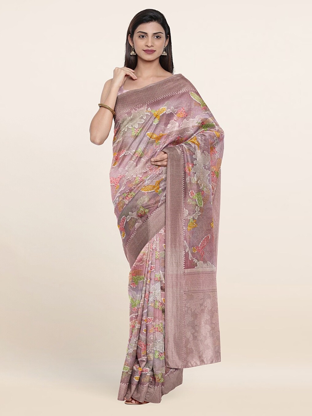 

Pothys Mauve & Green Ethnic Motifs Zari Tissue Saree