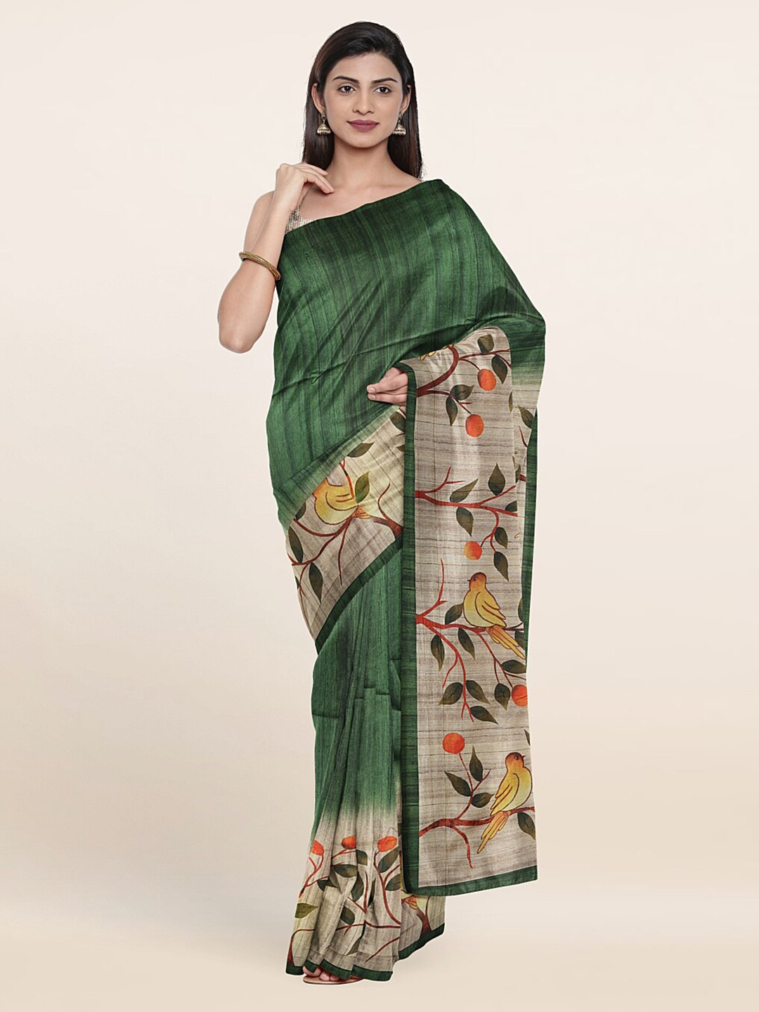 

Pothys Green & Yellow Floral Jute Silk Saree