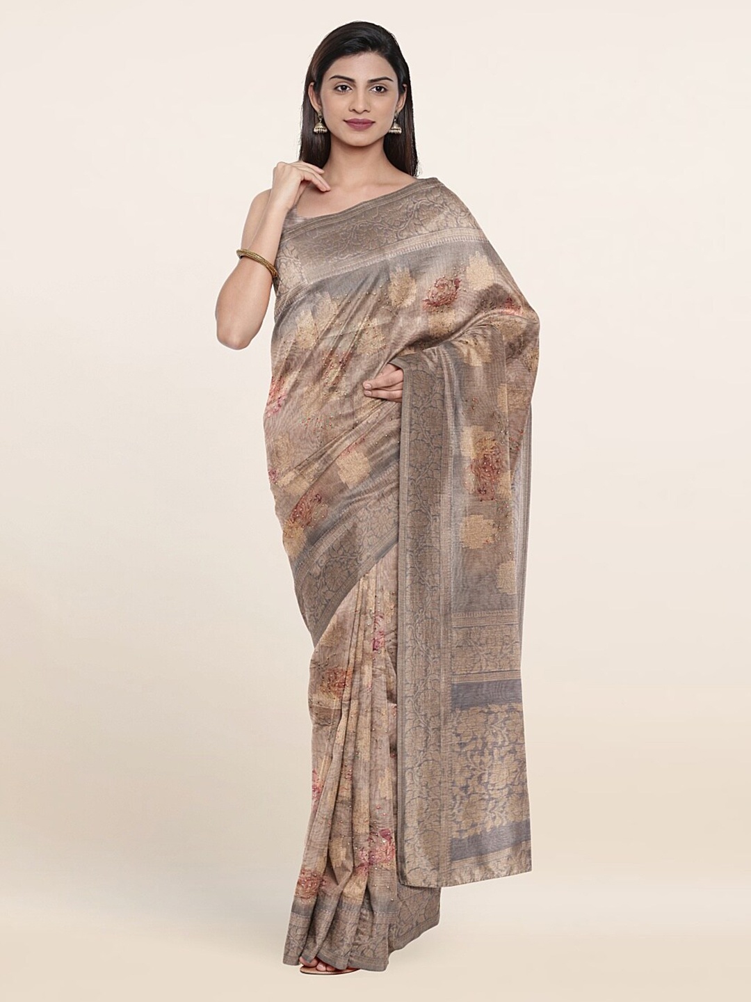 

Pothys Peach-Coloured & Gold-Toned Floral Tissue Saree