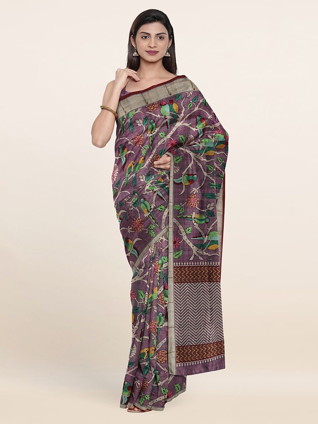 

Pothys Lavender & Pink Floral Jute Silk Saree