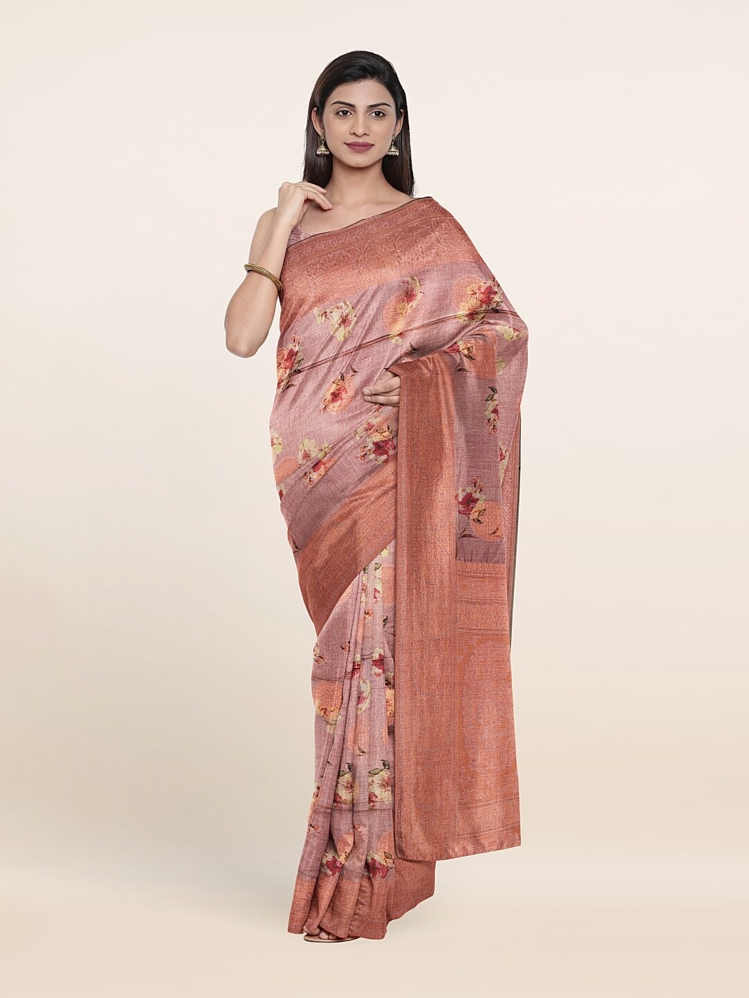 

Pothys Mauve & Off White Floral Zari Jute Silk Saree