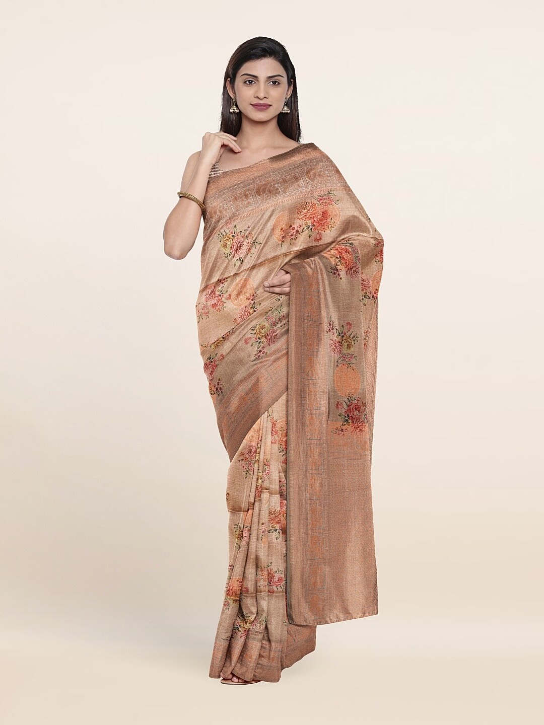 

Pothys Peach-Coloured & Copper-Toned Floral Zari Jute Silk Saree