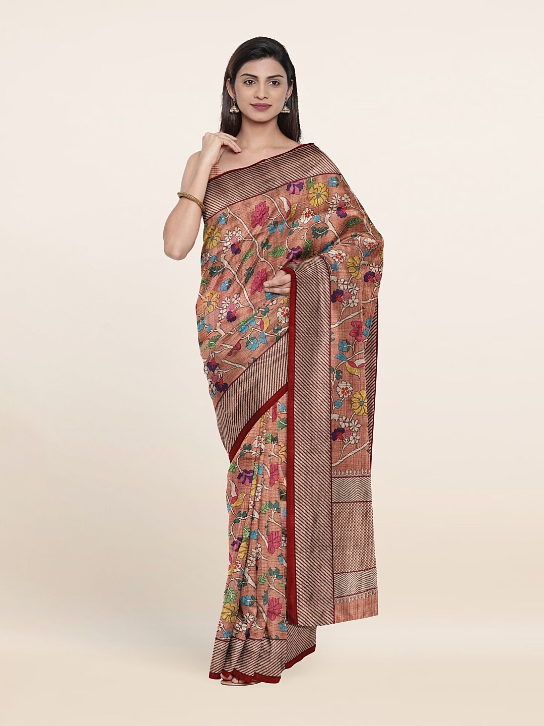

Pothys Peach-Coloured & Red Floral Jute Silk Saree