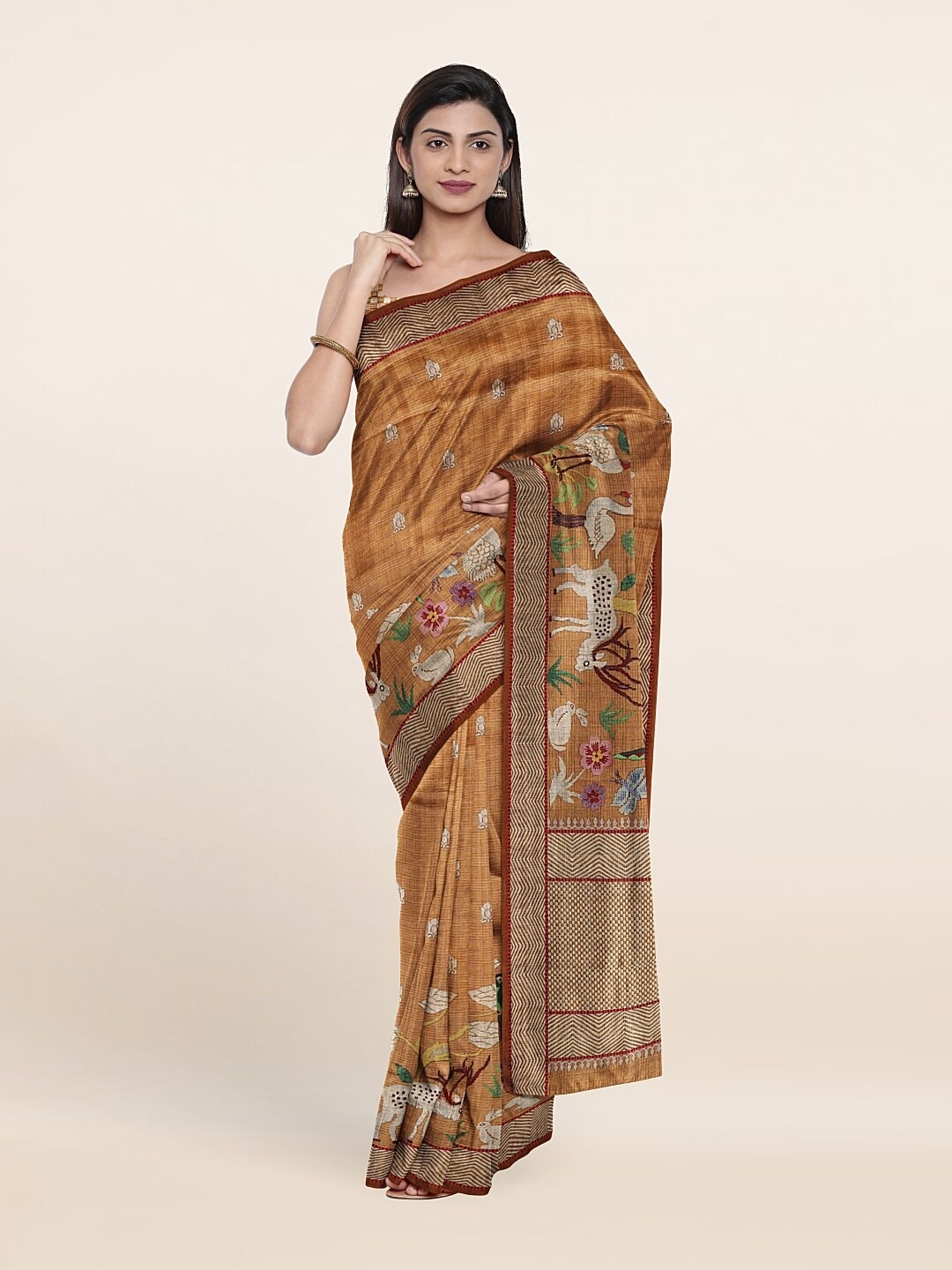 

Pothys Mustard & Beige Floral Jute Silk Saree