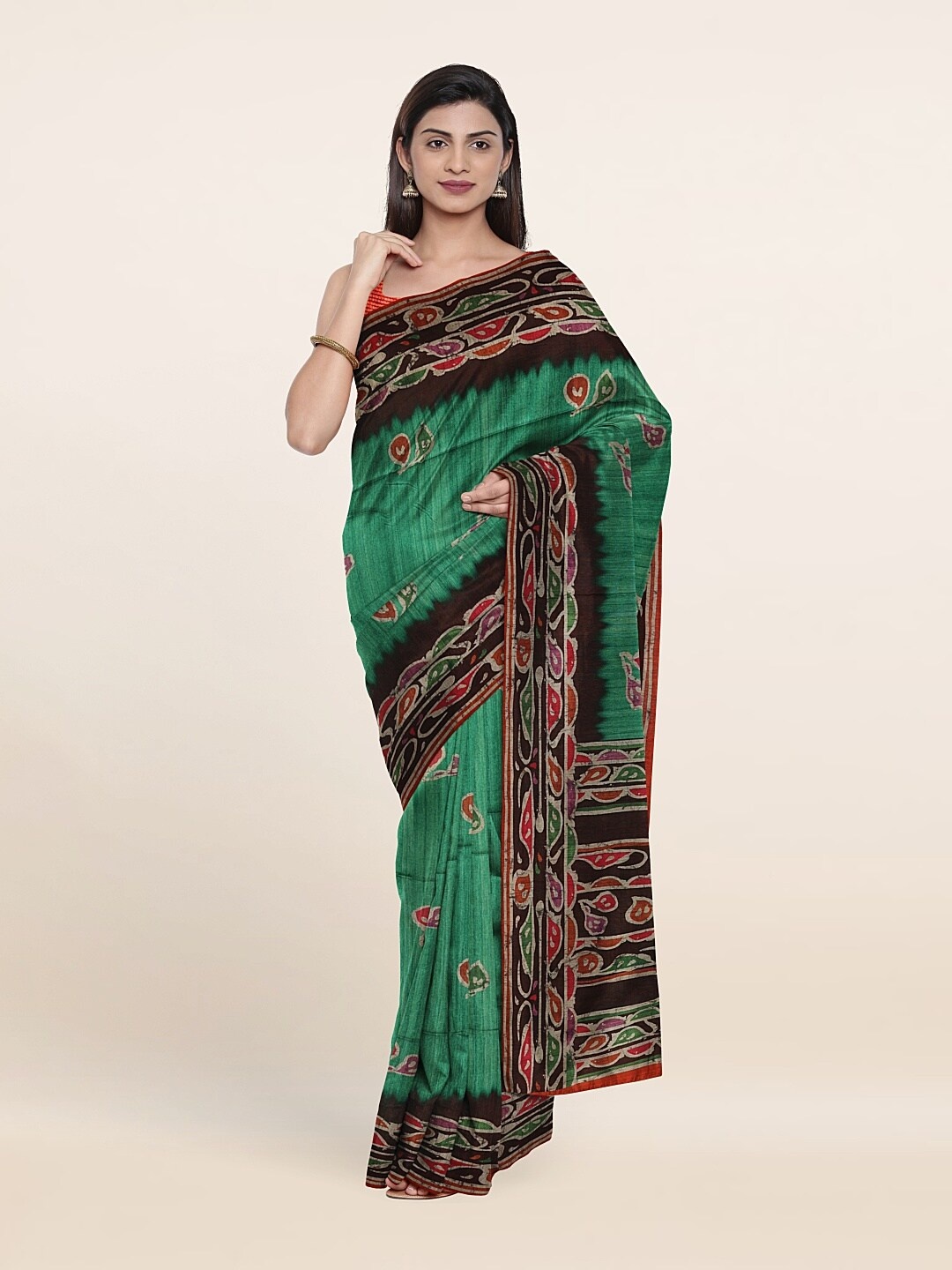

Pothys Green & Black Floral Jute Silk Saree