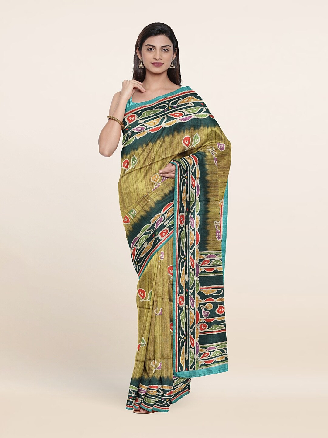 

Pothys Green & White Floral Jute Silk Saree