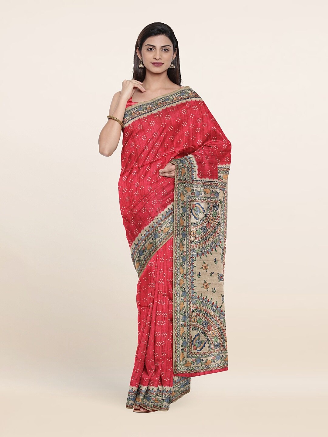 

Pothys Pink & Green Bandhani Jute Silk Saree