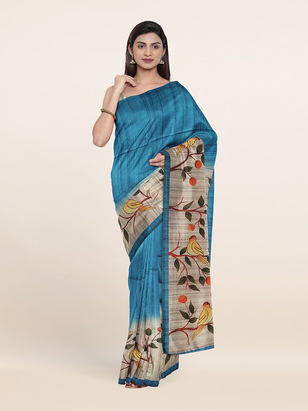 

Pothys Blue & Grey Floral Jute Silk Saree