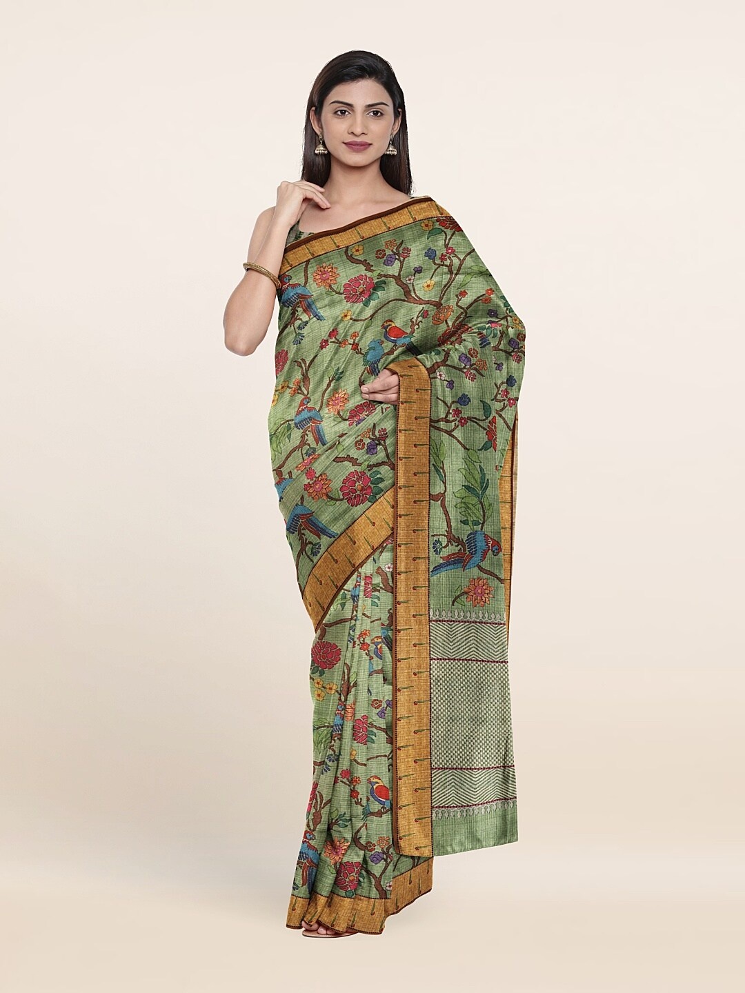 

Pothys Green & Brown Floral Jute Silk Saree