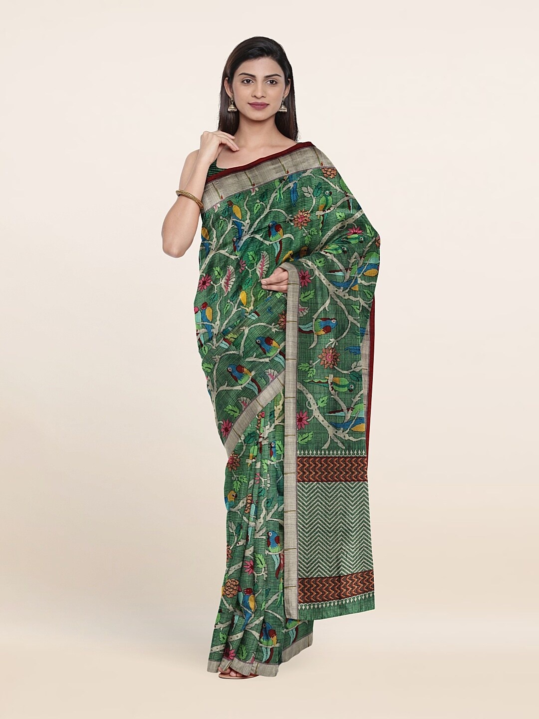 

Pothys Green & Pink Floral Jute Silk Saree