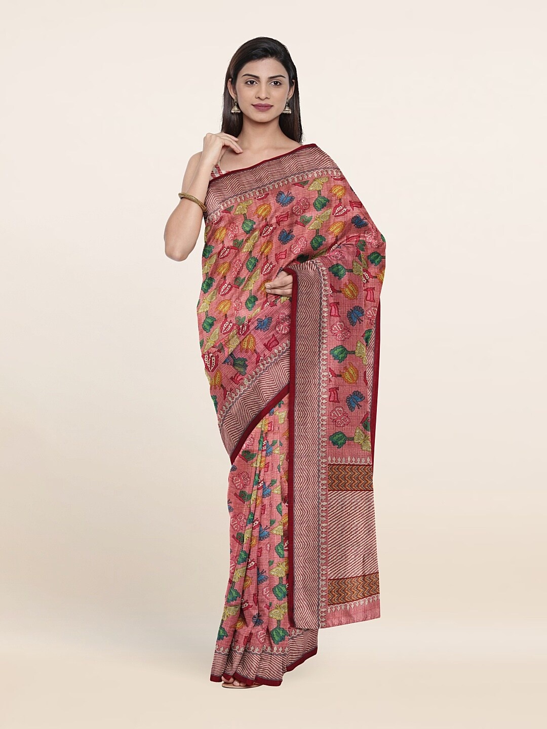 

Pothys Pink & Green Ethnic Motifs Jute Silk Saree