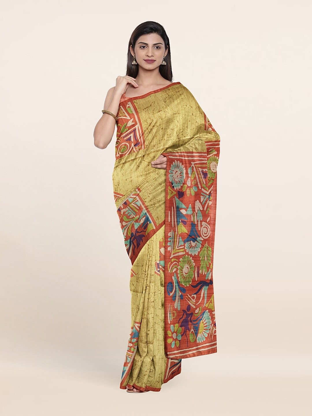 

Pothys Green & Orange Floral Jute Silk Saree