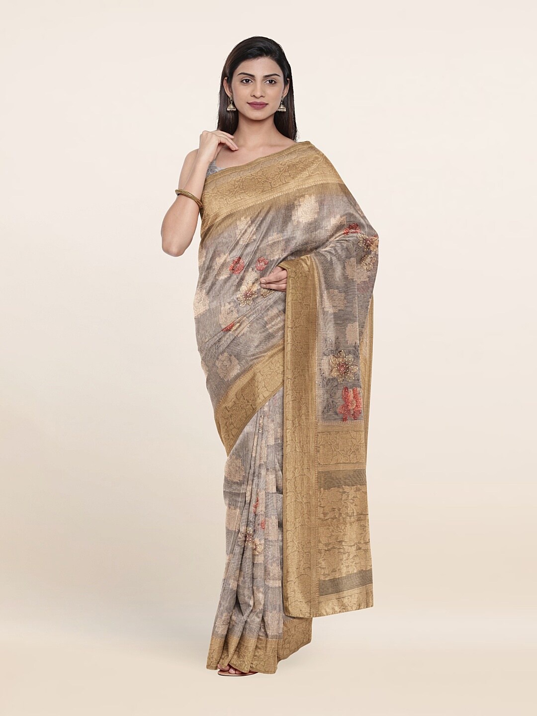 

Pothys Grey & Beige Floral Beads and Stones Tissue Saree