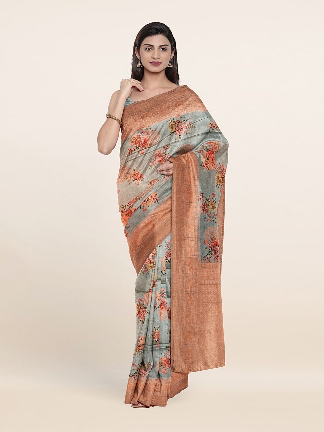 

Pothys Blue & Copper-Toned Floral Zari Jute Silk Saree