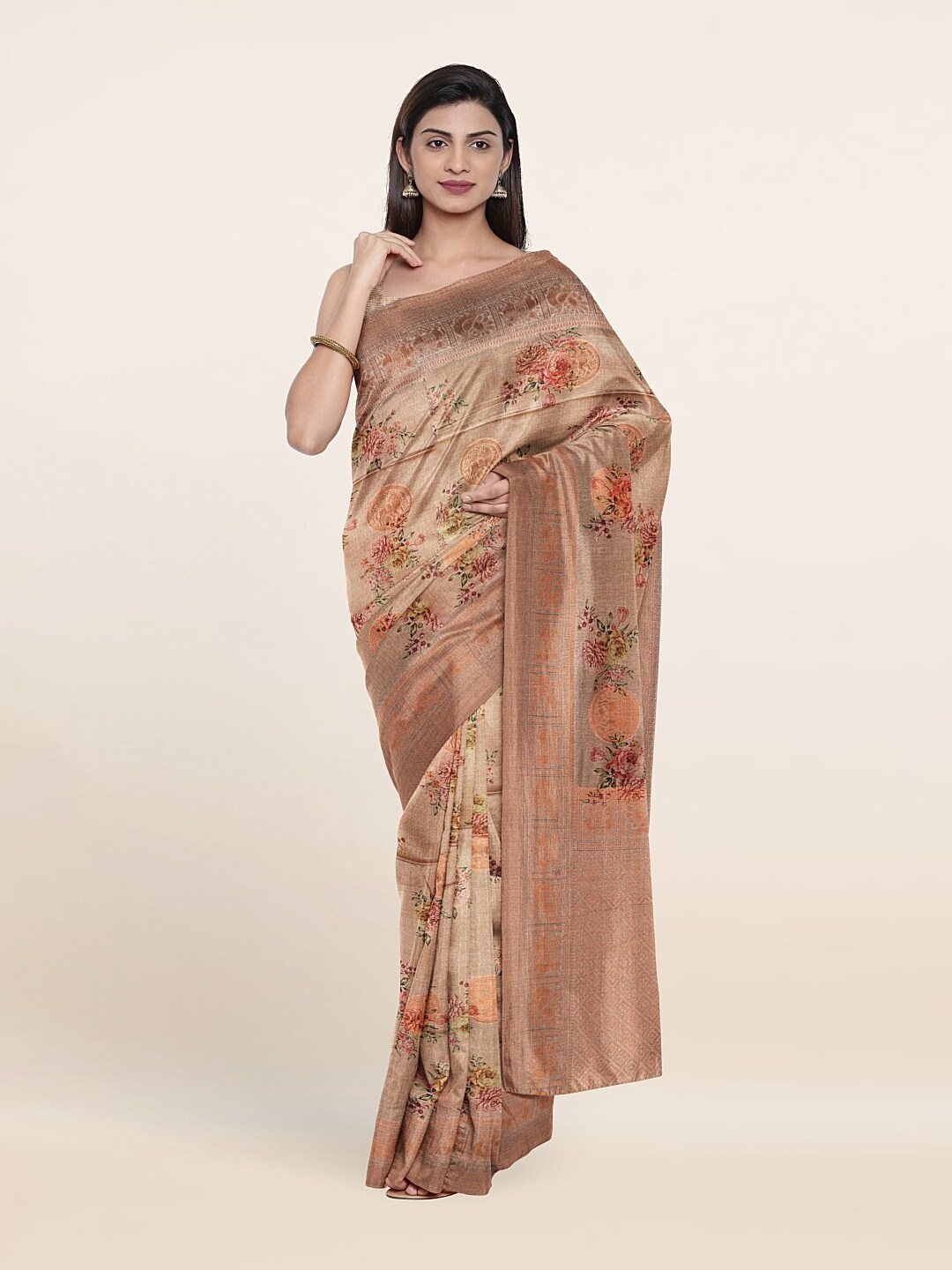 

Pothys Peach-Coloured & Green Ethnic Motifs Zari Jute Silk Saree