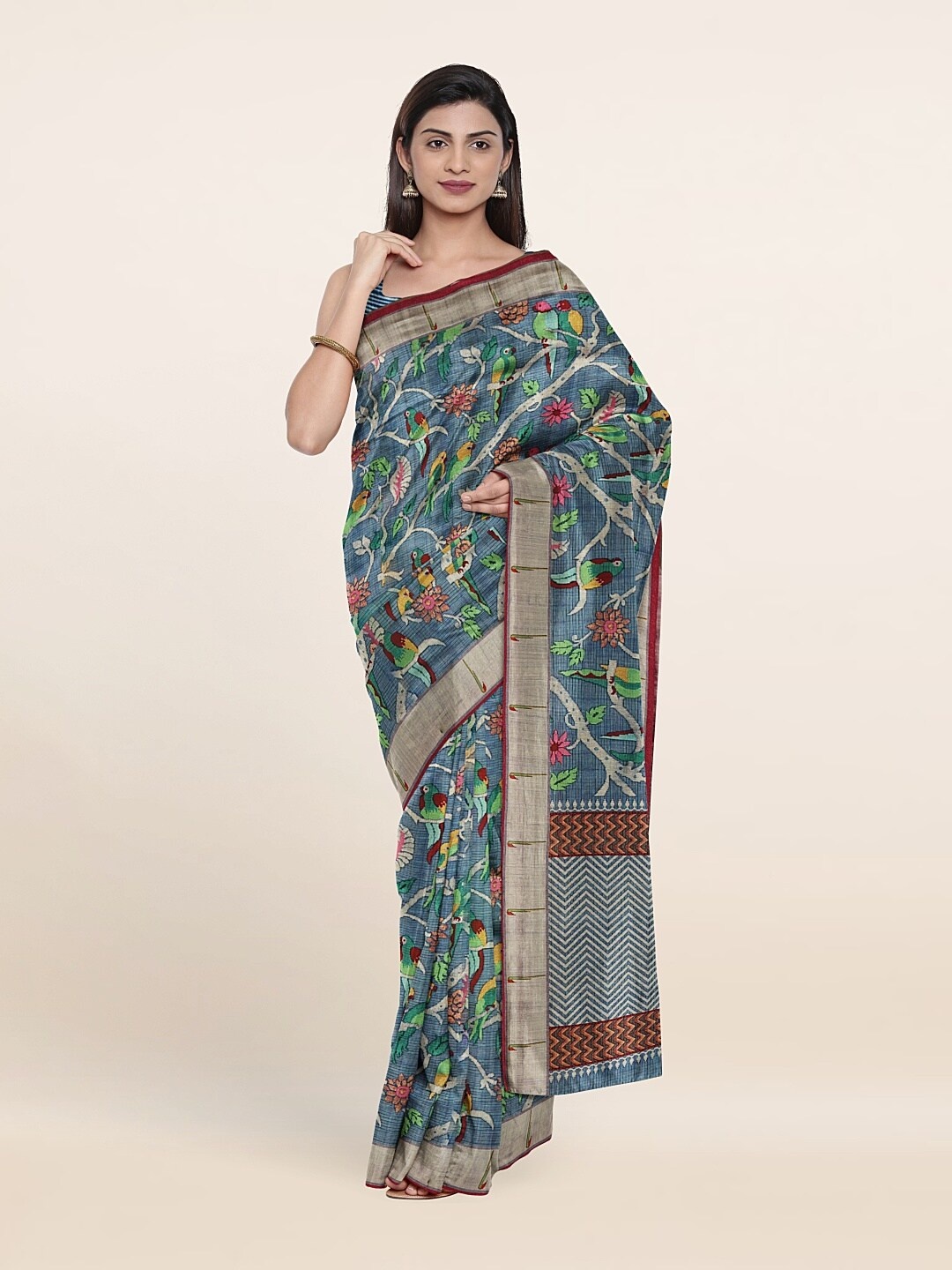 

Pothys Blue & Beige Floral Jute Silk Saree