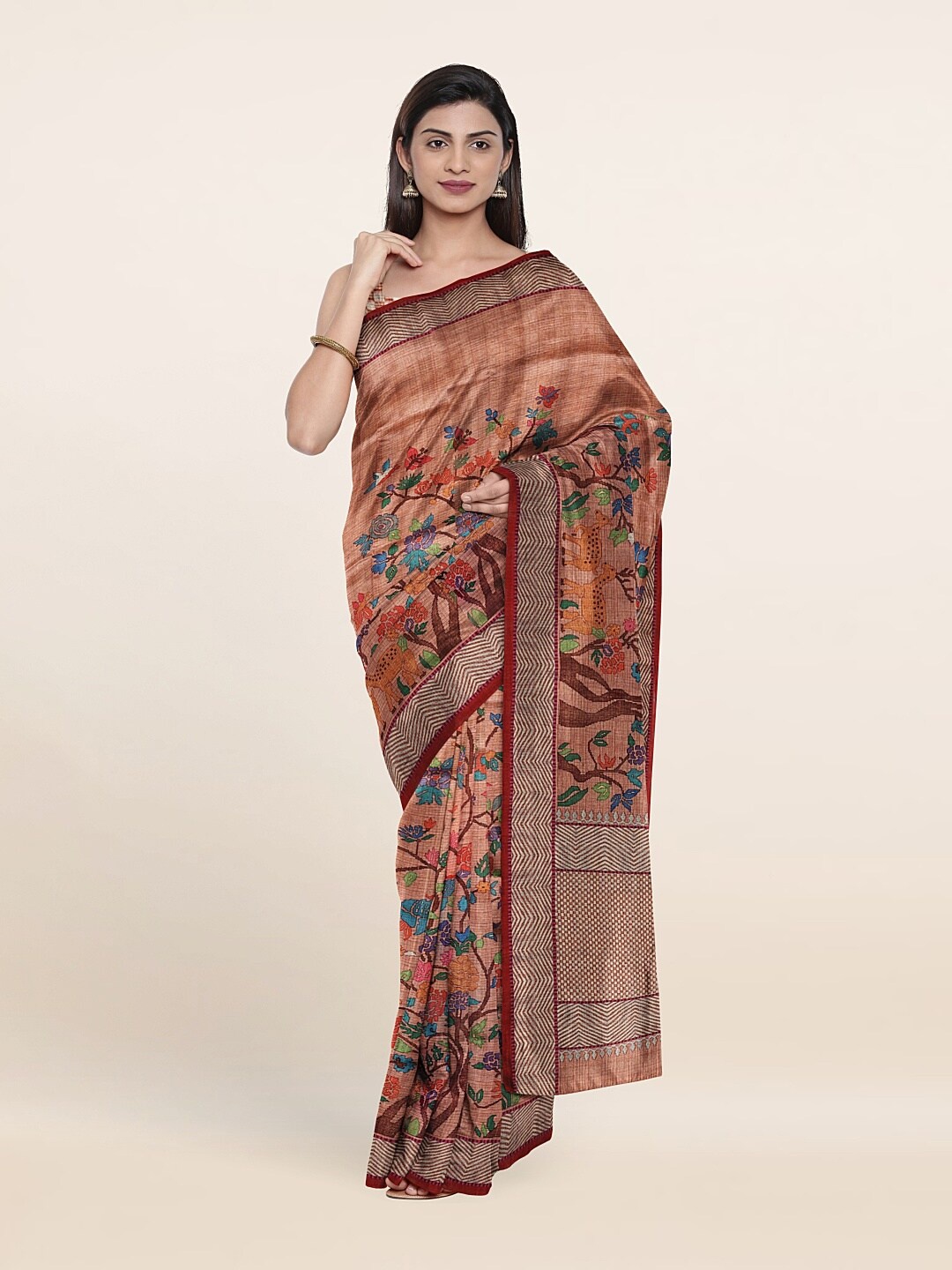

Pothys Peach-Coloured & Blue Floral Jute Silk Saree