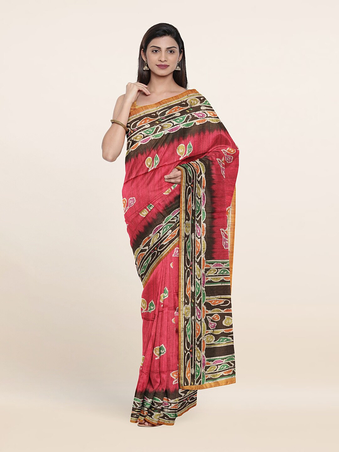 

Pothys Pink & Green Floral Jute Silk Saree