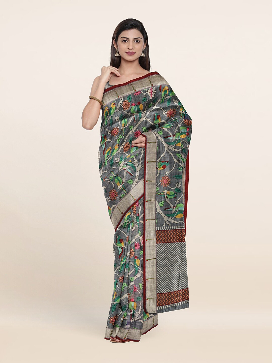 

Pothys Grey & Green Floral Jute Silk Saree