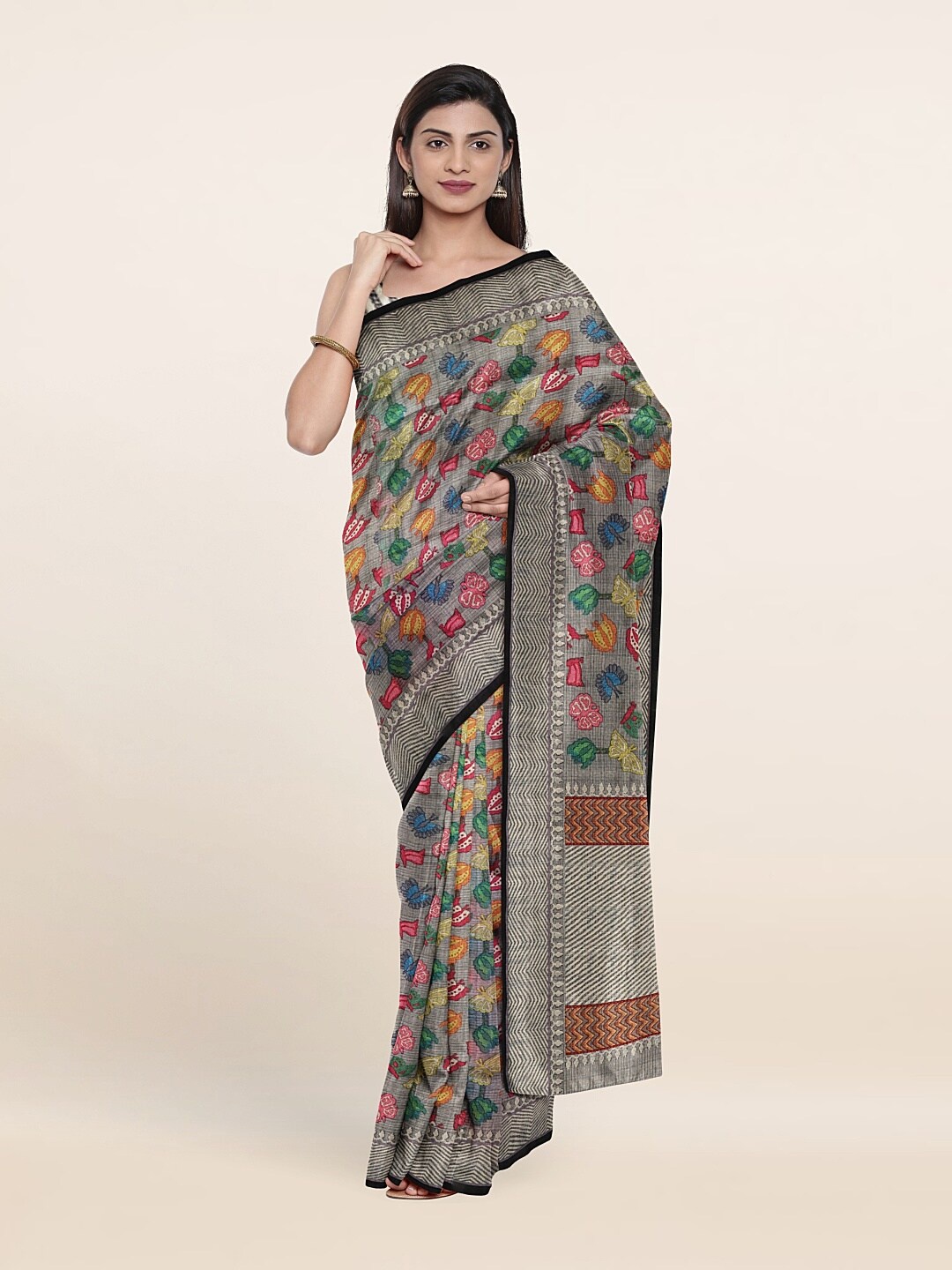 

Pothys Grey & Green Floral Jute Silk Saree