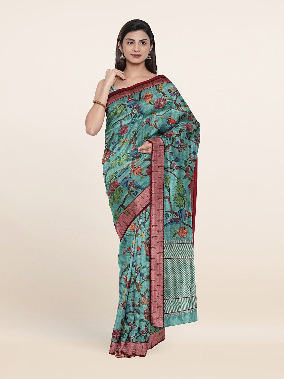 

Pothys Blue & Red Floral Jute Silk Saree