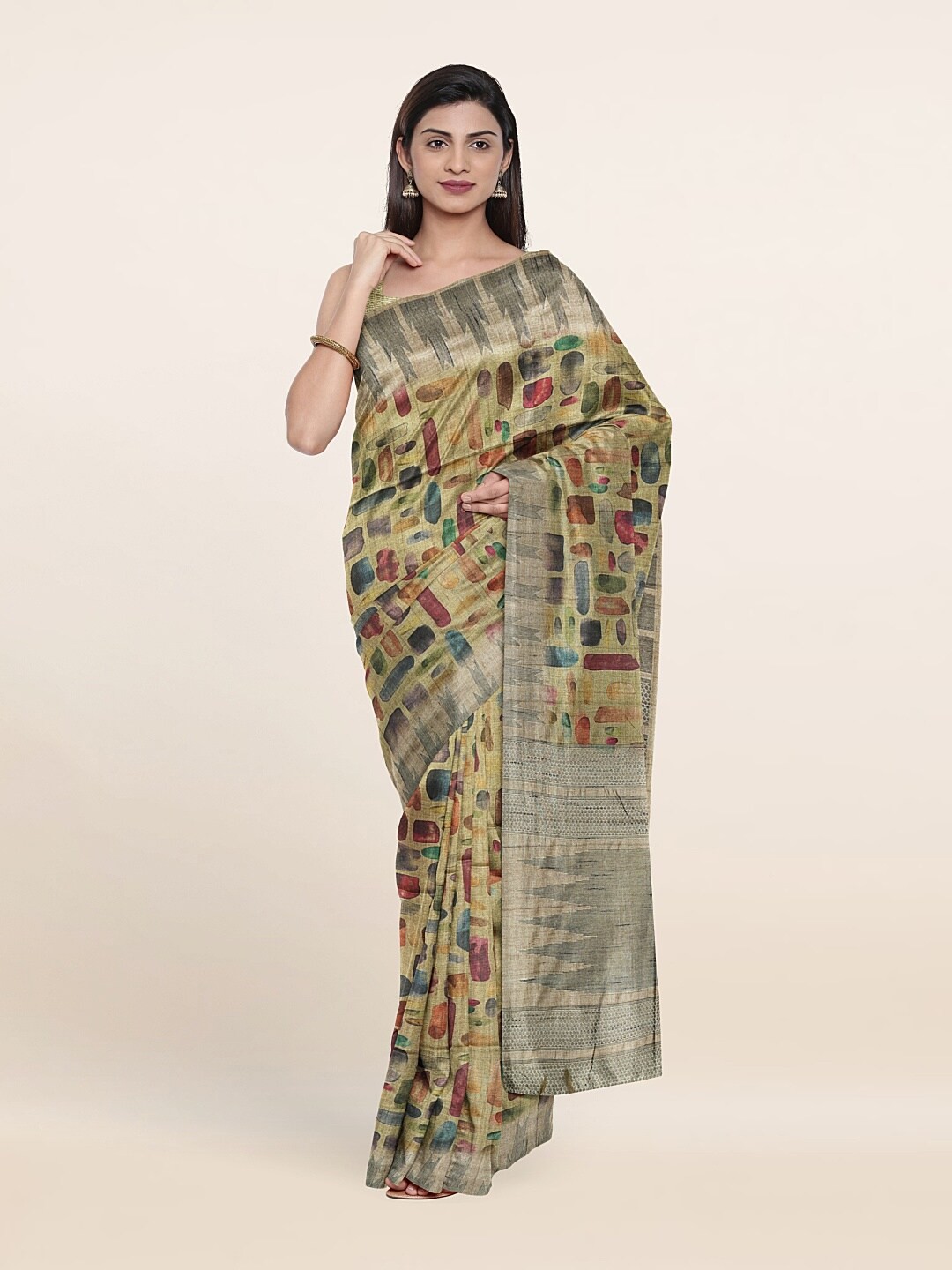 

Pothys Green & Grey Jute Silk Saree