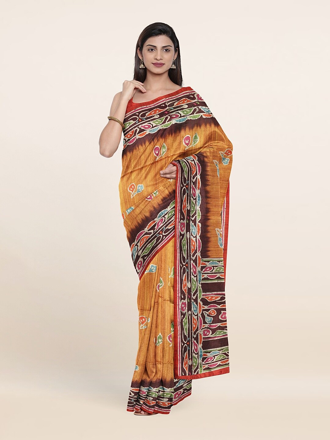 

Pothys Mustard & Brown Ethnic Motifs Jute Silk Saree