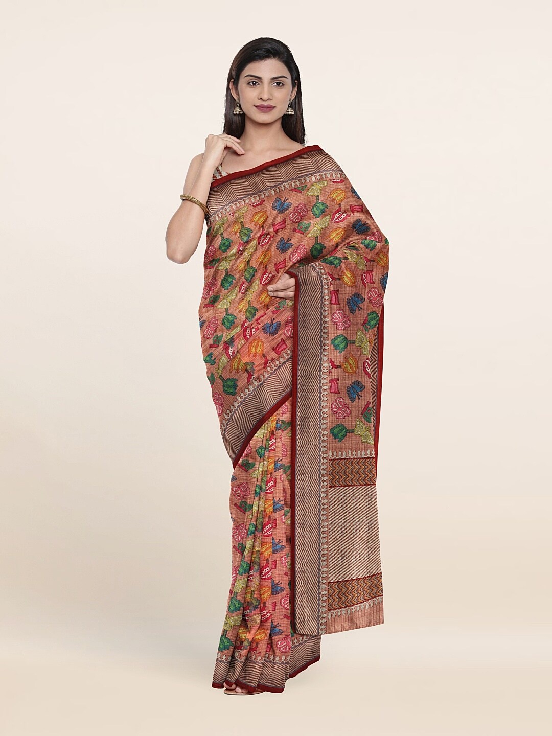 

Pothys Peach & Blue Floral Jute Silk Saree