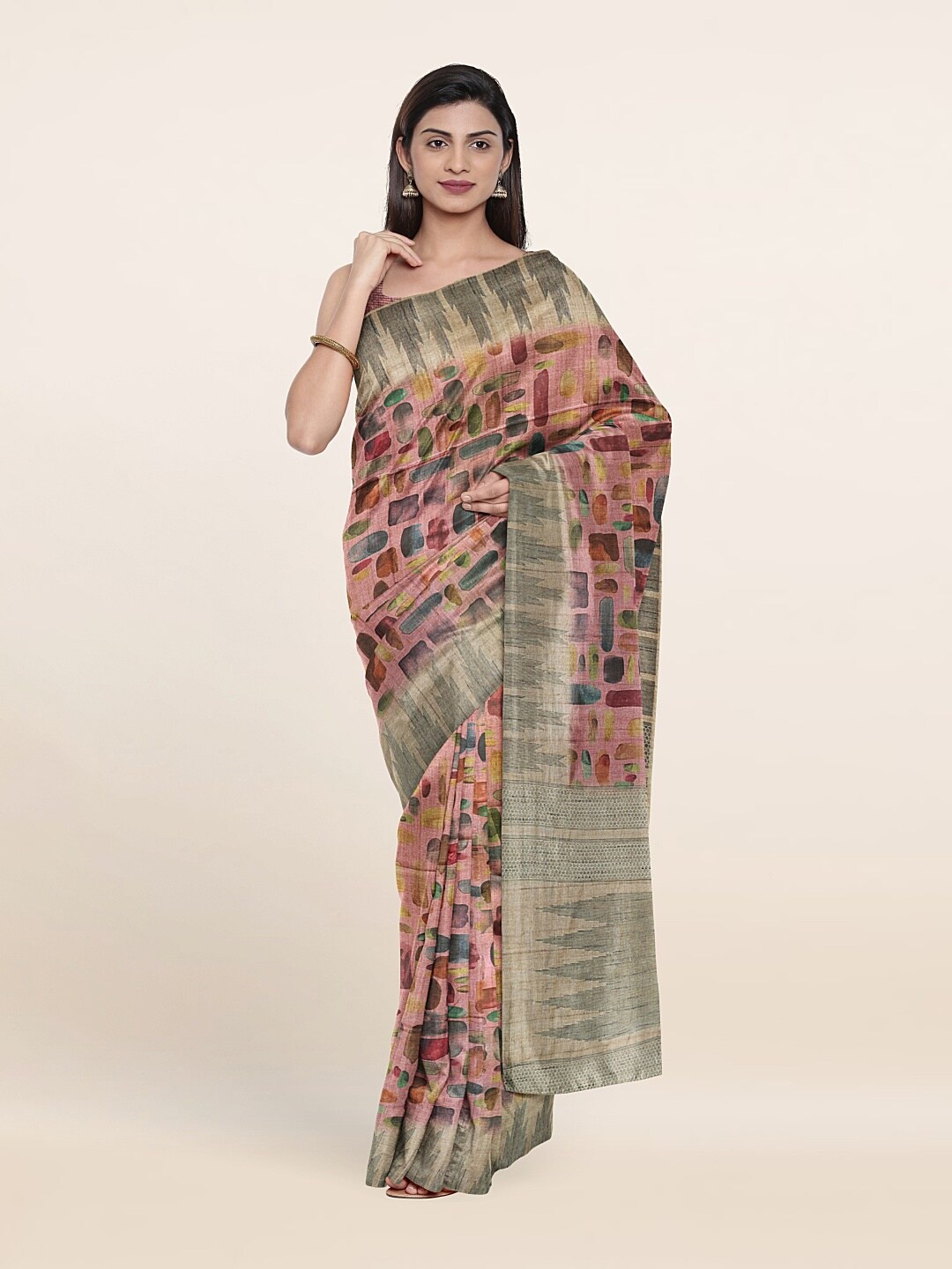

Pothys Pink & Brown Jute Silk Saree