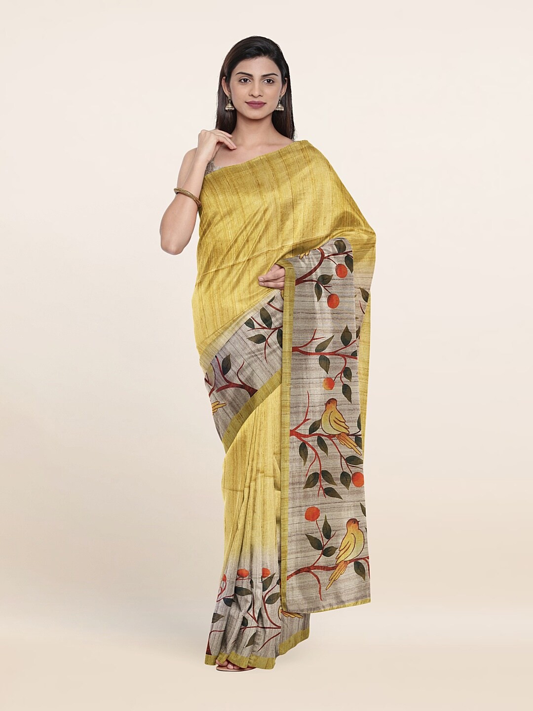 

Pothys Yellow & Green Floral Jute Silk Saree